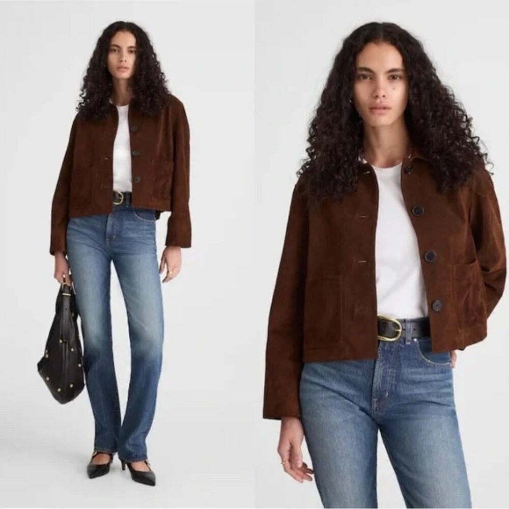 Madewell Brown Suede‎ Boxy Crop Button Front Jacket XL. NEW
